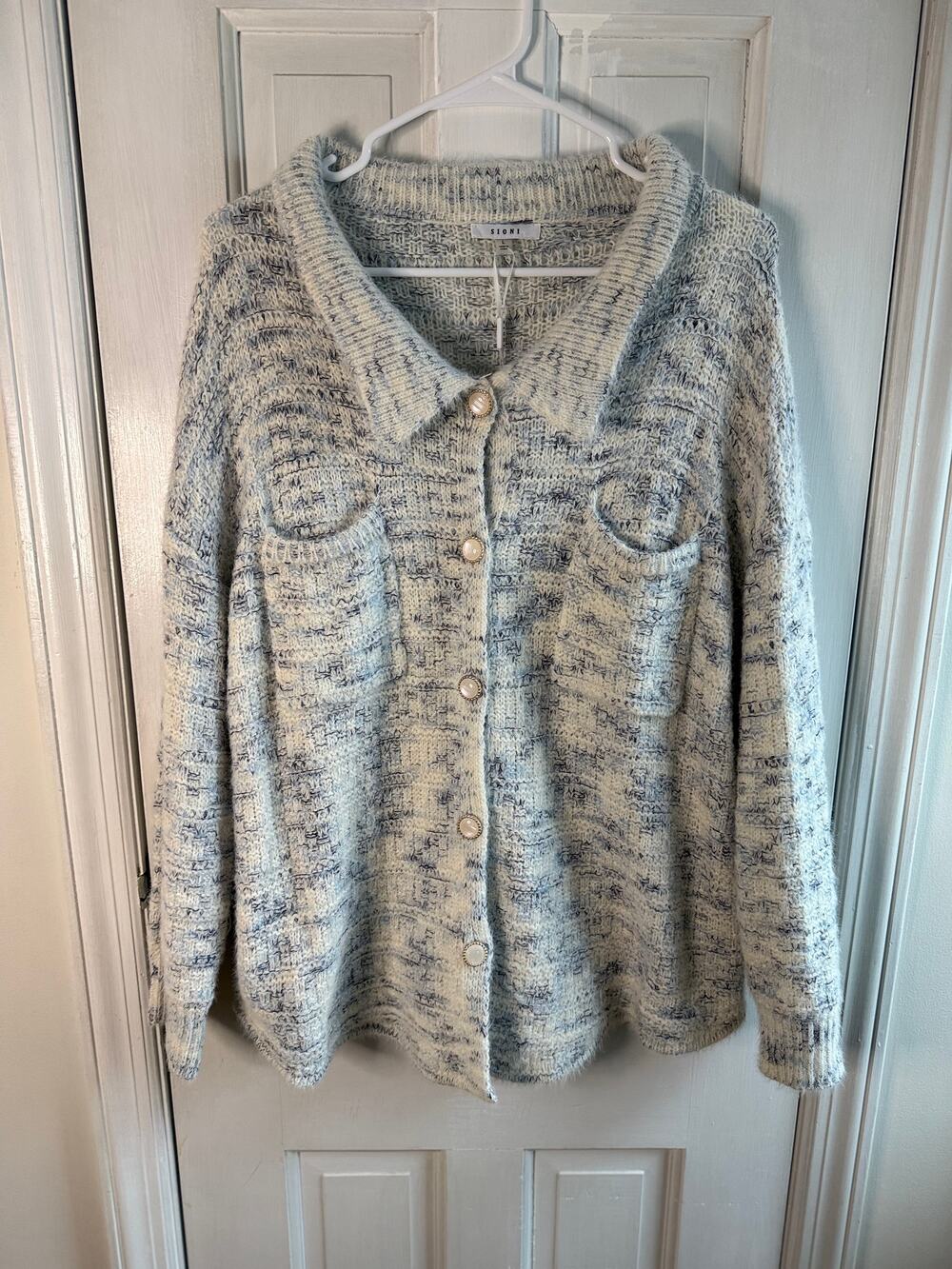 Sioni Blue & White Marled Knit Cardigan - Women’s Large - Excellent Condition